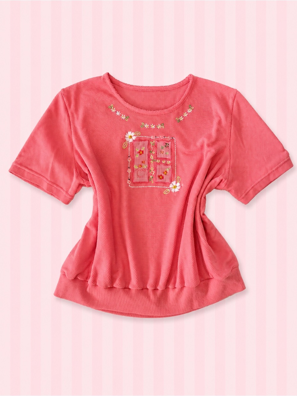 Y2K Pink Embroidered Floral Short Sleeve Top